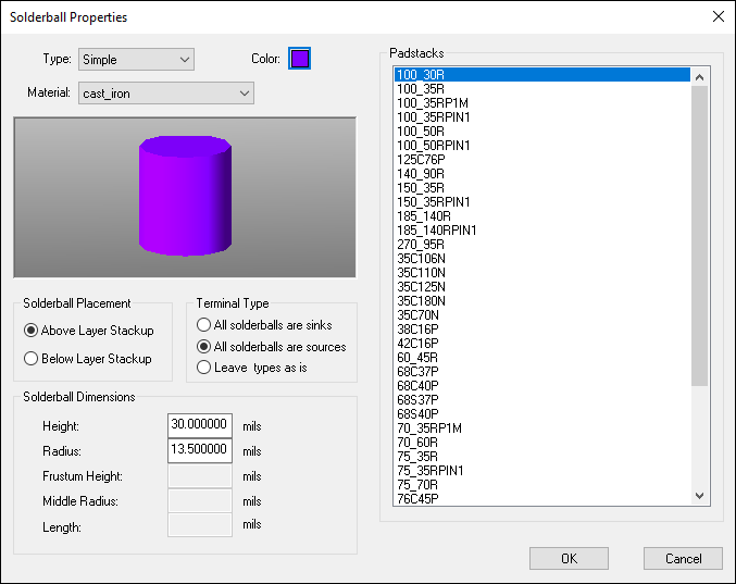 Solderball Properties window