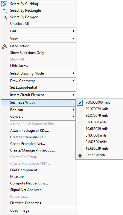 Trace Width - shortcut menu