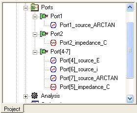 Port sources and impendences in the Project Manager tree.