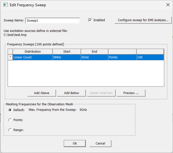 Edit Frequency Sweep Window
