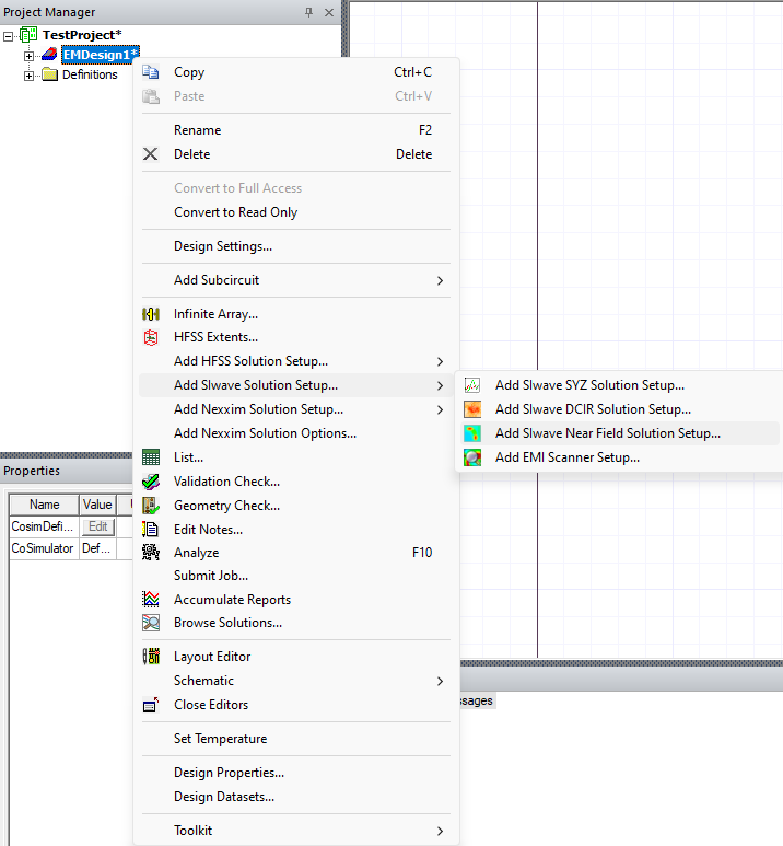 Project Manager > Project Tree > Active Design Folder > Add SIwave Solution Setup > Add Near Field Solution Setup
