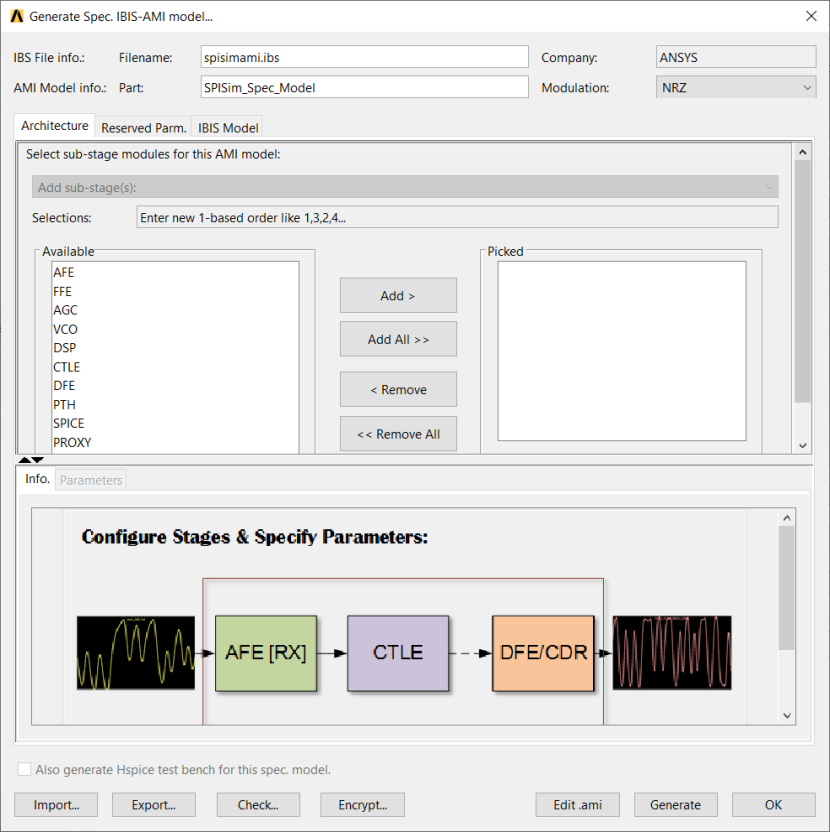 Generate Spec. IBIS AMI model window, architecture tab.