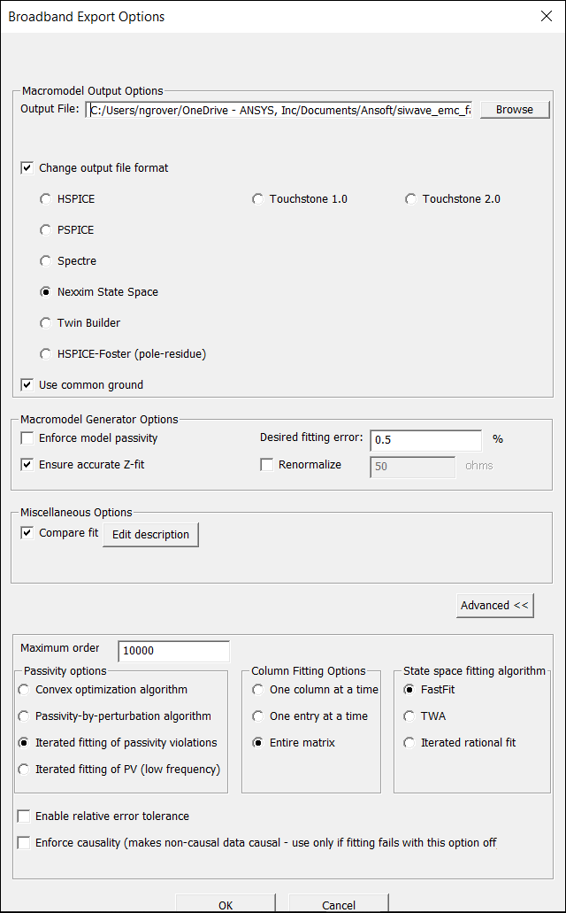 Broadband Export Options window.