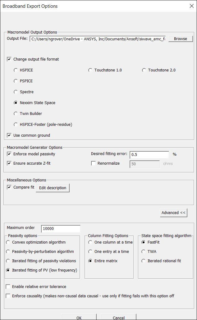 Broadband Export Options dialog. Enforce Model Passivity Options selected. Iterated fitting of PV (low frequency) option selected.