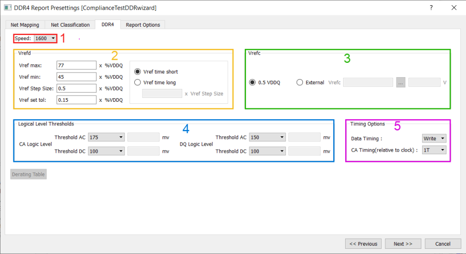DDR4 Report Presettings Window, DDR Settings tab.