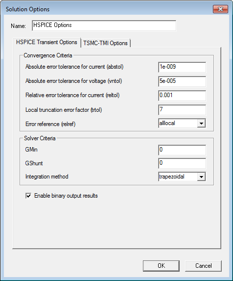 Solutions Options Window, HSPICE Transient Options tab. Solutions Options Window, HSPICE Transient Options tab.
