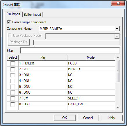 Import IBIS dialog, Pin Import tab