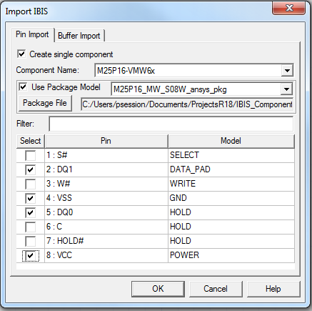 Import IBIS dialg, Pin Import tab.