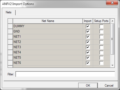 ANFV2 Import Options dialog, Nets tab