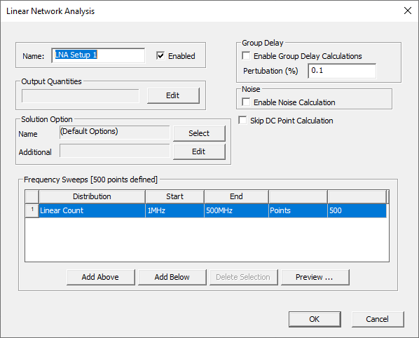 Linear Network Analysis dialog