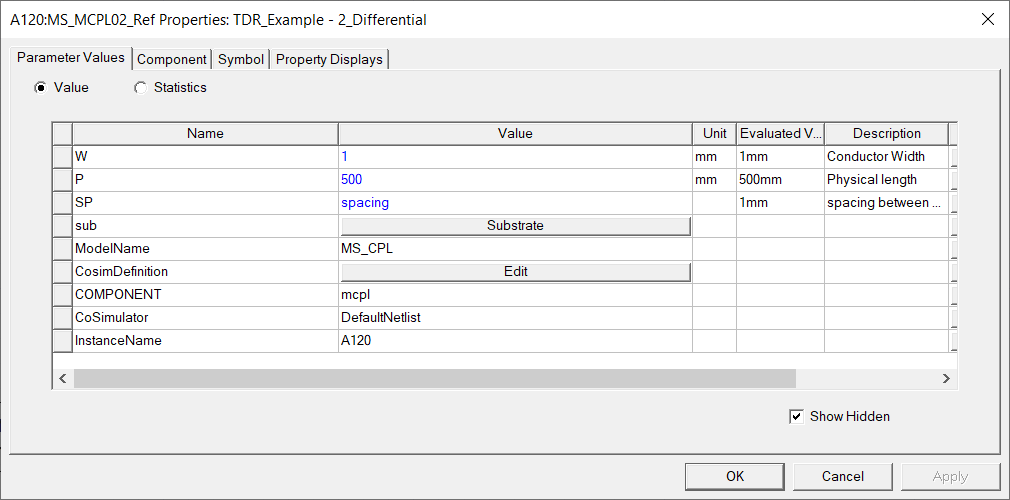 Properties window, Param Values tab.