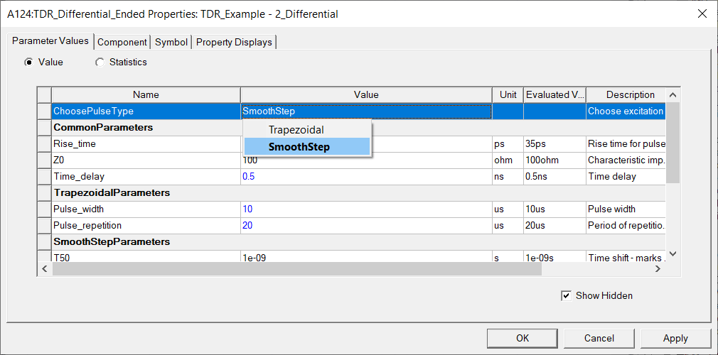 TDR properties dialog. SmoothStep pulse type selected.