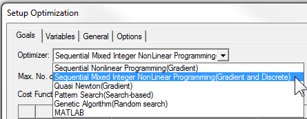 Setup Optimization window. Goals tab open, Optimizer drop-down menu open, Sequential Mixed Integer Nonlinear Programming (Gradient and Discrete) selected.