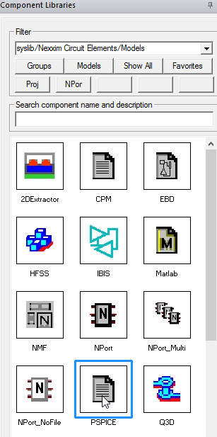 Component Libraries Pane, PSPICE model option highlighted.