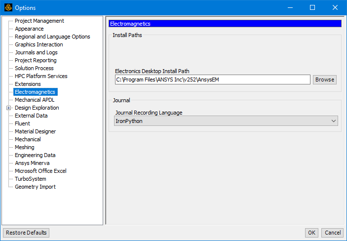 Electromagnetics setting within the Workbench   Options dialog box