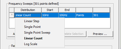 Frequency sweeps groupbox. Distribution options menu expanded, Linear Count selected.