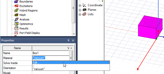 Properties window. Material value right-clicked, edit highlighted.
