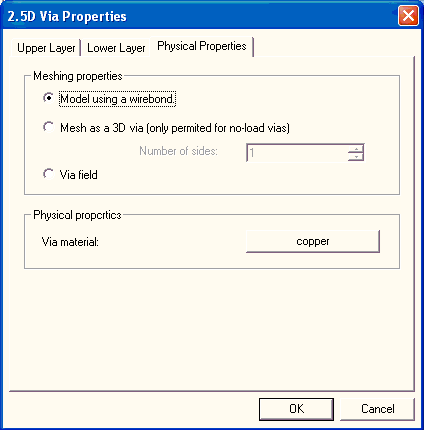 2.5D Via Properties dialog, physical Properties tab.