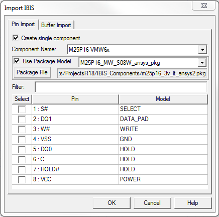 Import IBIS dialog. Pin Import tab