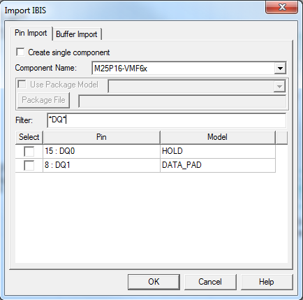 Import IBIS dialog, Pin Import tab.
