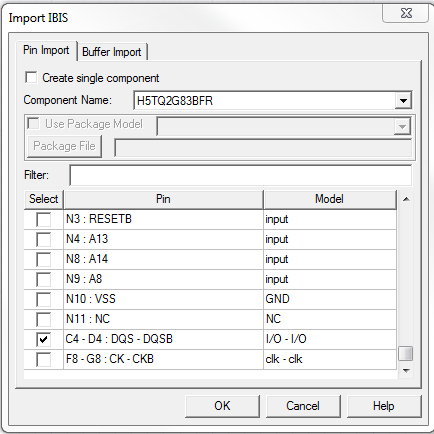 Import IBIS Dialog, Pin Import tab.