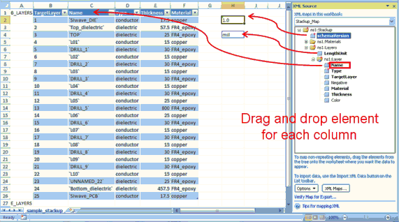 Excel file, items from the pane being dragged and dropped into cells.