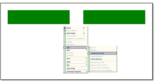 Edge right-click menu, Port option expanded, Create Circuit Ports option highlighted.