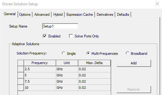 Driven Solution Setup, General tab. Multi-Frequencies option enabled. Driven Solution Setup, General tab. Multi-Frequencies option enabled.