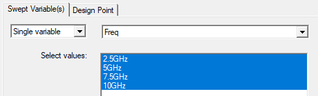 Swept Variable(s) tab. Freq selected. Select values list. Swept Variable(s) tab. Freq selected. Select values list.