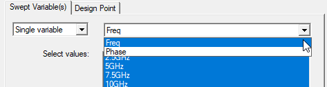 Swept Variable(s) tab. Freq selected. Swept Variable(s) tab. Freq selected.