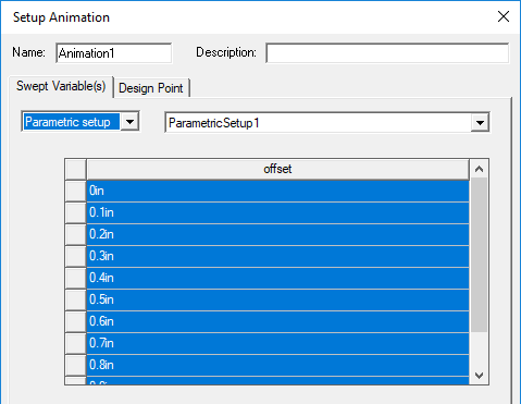 Create Animation Setup dialog. Swept Variable(s) tab, Parametric setup selected. Create Animation Setup dialog. Swept Variable(s) tab, Parametric setup selected.