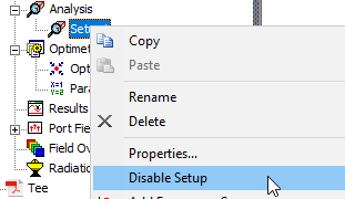 Setup shortcut menu, Disable Setup option highlighted.