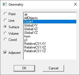 Geometry dialog, Surface option selected.