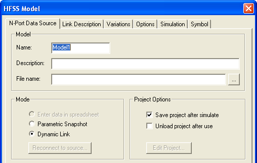 HFSS Model window open to the N-Port Data Source Tab. Boces to enter Model name, Description, and File Name.