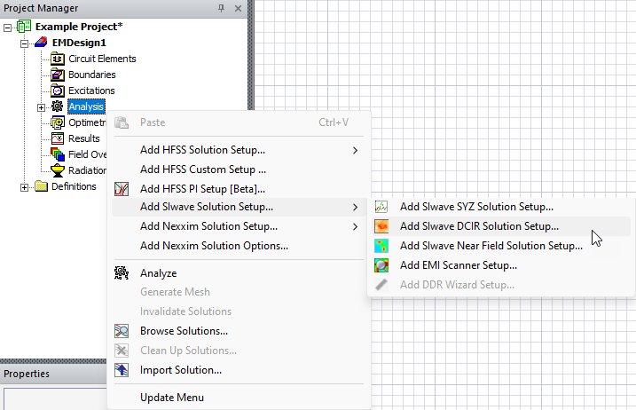Project Manager Window > Active Design Folder > Analysis > Add SIwave Solution Setup > Add SIwave DCIR Solution Setup