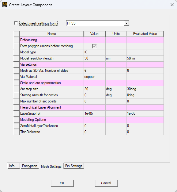 Create Layout Component Window > Mesh Settings Tab