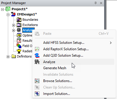 Project Manager Window > Project Tree > Active Design Folder > Analysis > Analyze