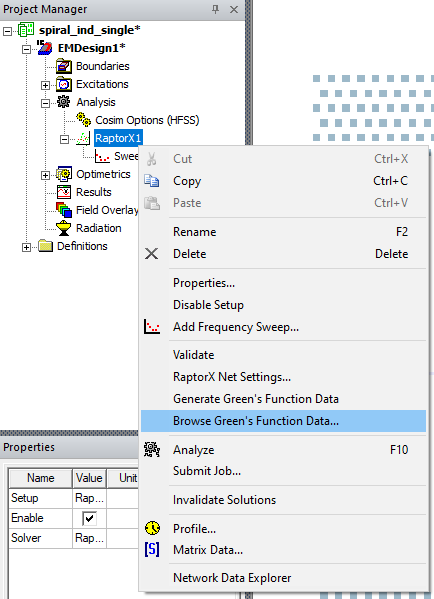 Project Manager Window > Project Tree > Active Design Folder > Analysis > RaptorX1 > Browse Green's Function Data