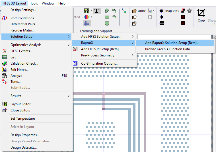 HFSS 3D Layout > Solution Setup > RaptorX > Add RaptorX Solution Setup