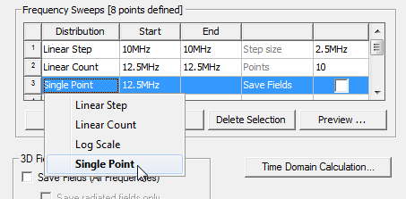 Frequency Sweeps groupbox, Distribution options listed, Single Point selected.
