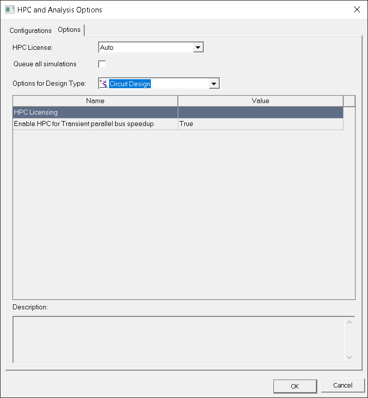 HPC Analysis Options window