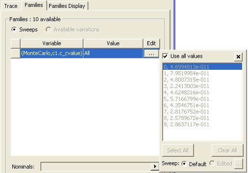 Familes tab, Sweeps enabled, seep values displayed.