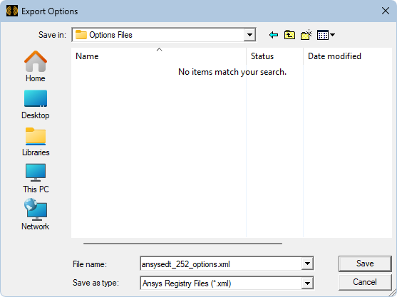 Export Options dialog box showing a default filename