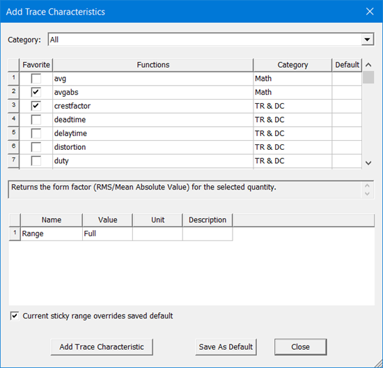 Add Trace Characteristics dialog box.