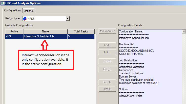 HPC and Analysis Options Window, Configurations tab open.