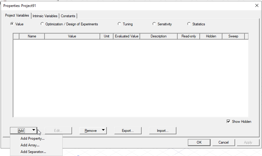 Properties dialog, Project Variables tab.