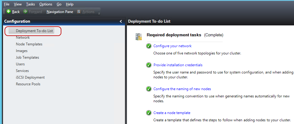 Windows HPC Cluster Manager, Deployment To-do List highlighted.