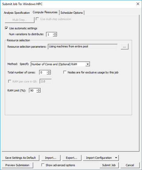 Submit Job To dialog box, Compute Resources tab, use automatic settings enabled.