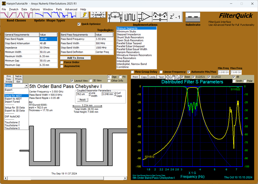 FilterSolutions window, set up for AEDT export option highlighted.