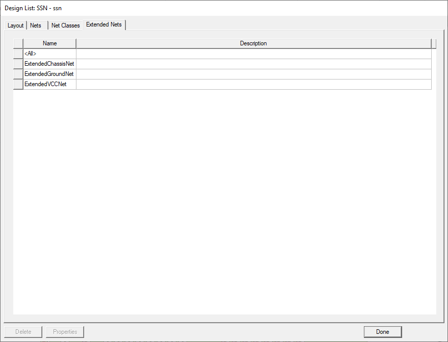Design List dialog, Extended Nets Tab
